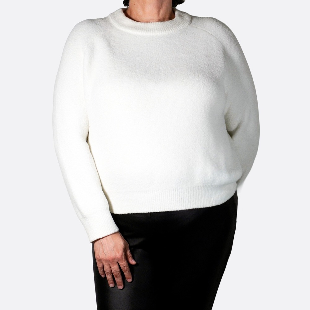 Zara Fuzzy Plush Knit Sweater Ivory L XL 0X 1X Minimalist Crewneck Pullover